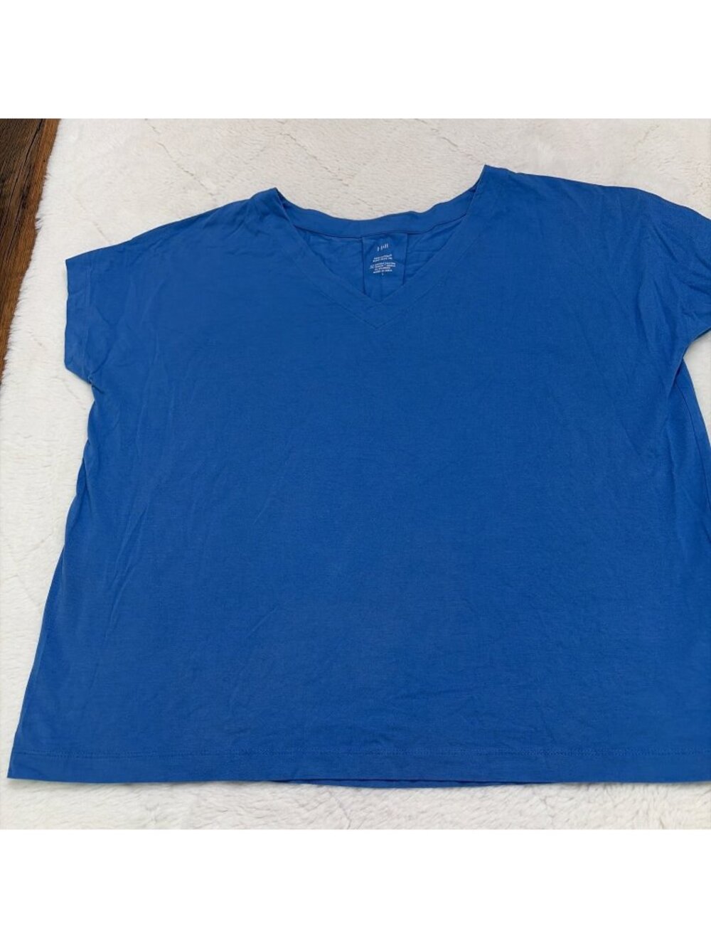 J Jill Womens Luxe Supima Pleated Back Tee L Blue V Neck